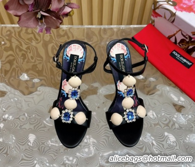 Cheap Price Dolce & Gabbana Calfskin Leather Heel Sandals 10.5cm with Stones and Shell Black 1211067 2026