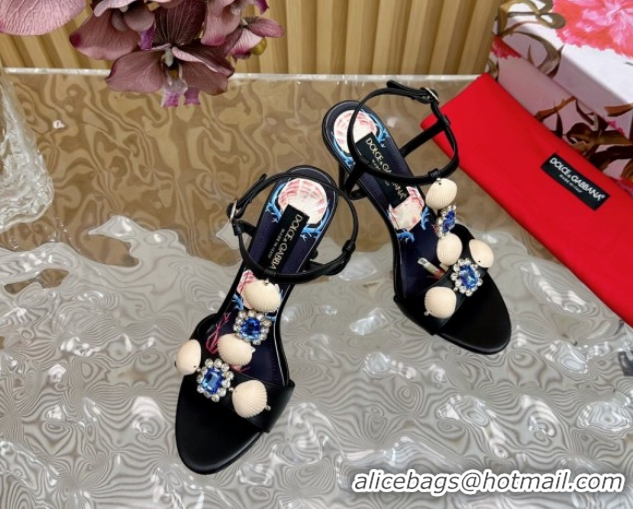 Cheap Price Dolce & Gabbana Calfskin Leather Heel Sandals 10.5cm with Stones and Shell Black 1211067 2026