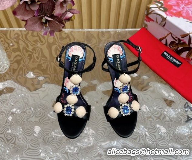 Cheap Price Dolce & Gabbana Calfskin Leather Heel Sandals 10.5cm with Stones and Shell Black 1211067 2026