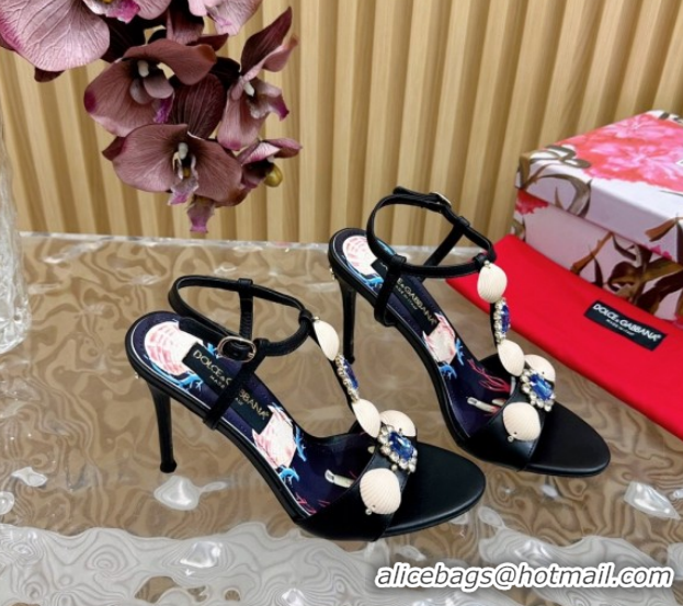 Cheap Price Dolce & Gabbana Calfskin Leather Heel Sandals 10.5cm with Stones and Shell Black 1211067 2026