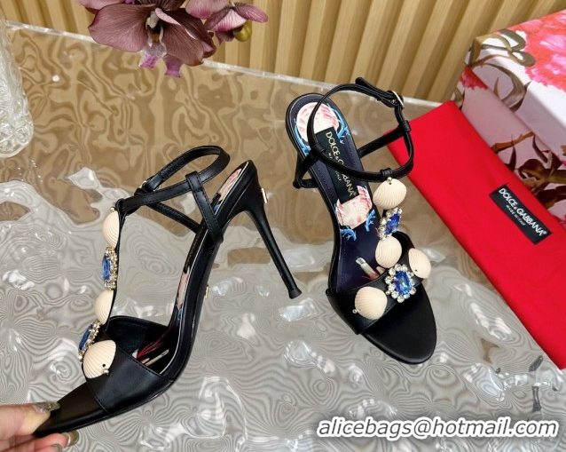 Cheap Price Dolce & Gabbana Calfskin Leather Heel Sandals 10.5cm with Stones and Shell Black 1211067 2026