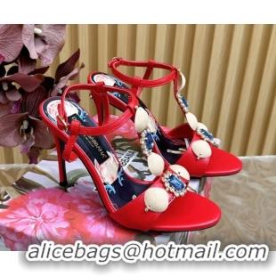 Most Popular Dolce & Gabbana Calfskin Leather Heel Sandals 10.5cm with Stones and Shell Red 1211068 2026