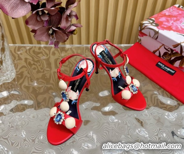 Most Popular Dolce & Gabbana Calfskin Leather Heel Sandals 10.5cm with Stones and Shell Red 1211068 2026