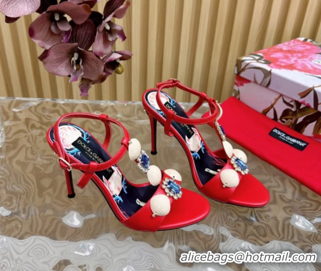 Most Popular Dolce & Gabbana Calfskin Leather Heel Sandals 10.5cm with Stones and Shell Red 1211068 2026