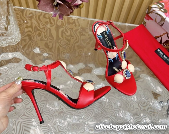 Most Popular Dolce & Gabbana Calfskin Leather Heel Sandals 10.5cm with Stones and Shell Red 1211068 2026