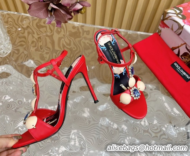 Most Popular Dolce & Gabbana Calfskin Leather Heel Sandals 10.5cm with Stones and Shell Red 1211068 2026