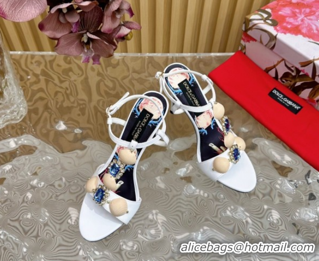 Shop Duplicate Dolce & Gabbana Calfskin Leather Heel Sandals 10.5cm with Stones and Shell White 1211069 2026