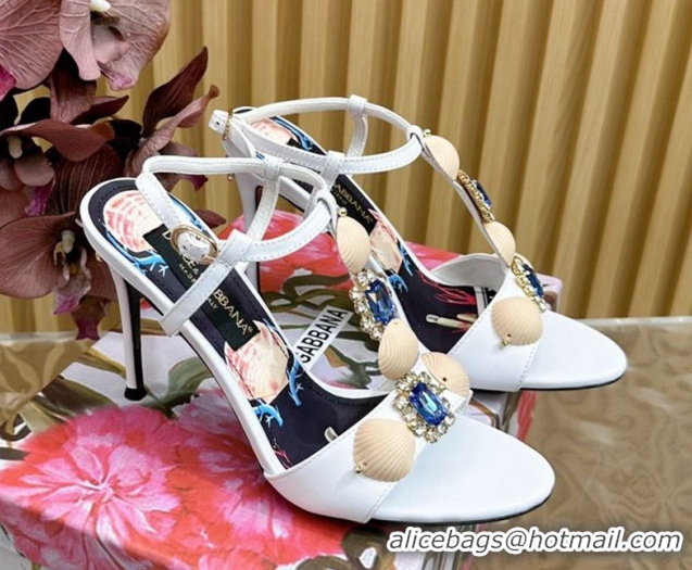 Shop Duplicate Dolce & Gabbana Calfskin Leather Heel Sandals 10.5cm with Stones and Shell White 1211069 2026