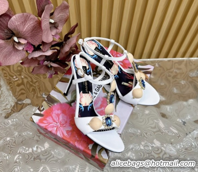 Shop Duplicate Dolce & Gabbana Calfskin Leather Heel Sandals 10.5cm with Stones and Shell White 1211069 2026