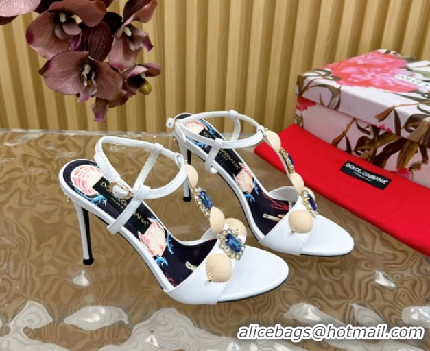 Shop Duplicate Dolce & Gabbana Calfskin Leather Heel Sandals 10.5cm with Stones and Shell White 1211069 2026