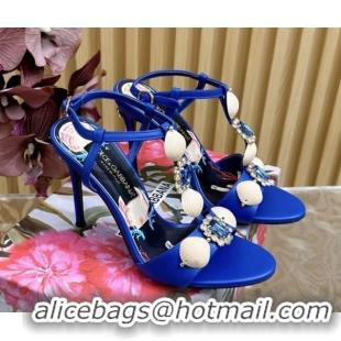 Luxurious Dolce & Gabbana Calfskin Leather Heel Sandals 10.5cm with Stones and Shell Blue 1211070 2026