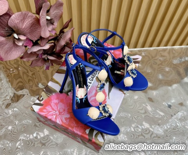 Luxurious Dolce & Gabbana Calfskin Leather Heel Sandals 10.5cm with Stones and Shell Blue 1211070 2026