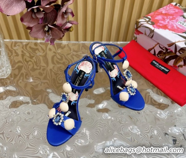 Luxurious Dolce & Gabbana Calfskin Leather Heel Sandals 10.5cm with Stones and Shell Blue 1211070 2026