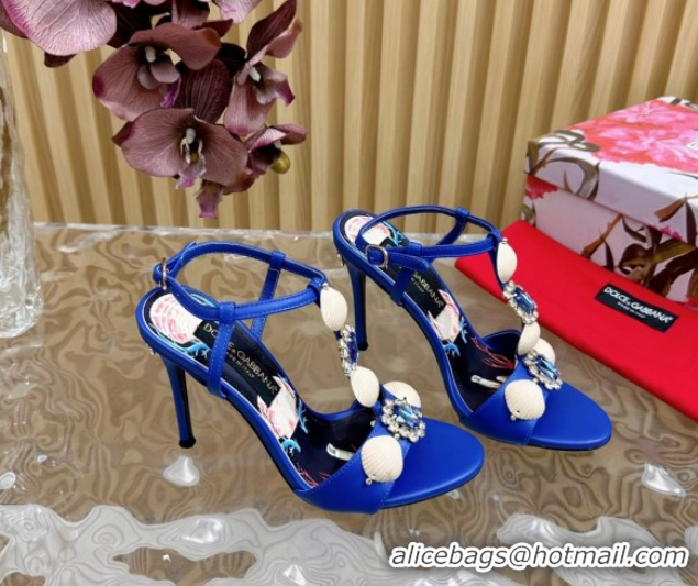 Luxurious Dolce & Gabbana Calfskin Leather Heel Sandals 10.5cm with Stones and Shell Blue 1211070 2026