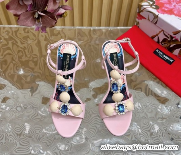 Durable Dolce & Gabbana Calfskin Leather Heel Sandals 10.5cm with Stones and Shell Pink 1211071 2026