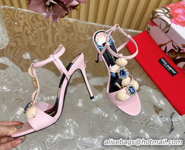 Durable Dolce & Gabbana Calfskin Leather Heel Sandals 10.5cm with Stones and Shell Pink 1211071 2026