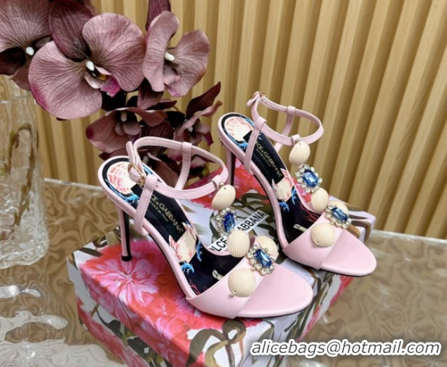 Durable Dolce & Gabbana Calfskin Leather Heel Sandals 10.5cm with Stones and Shell Pink 1211071 2026