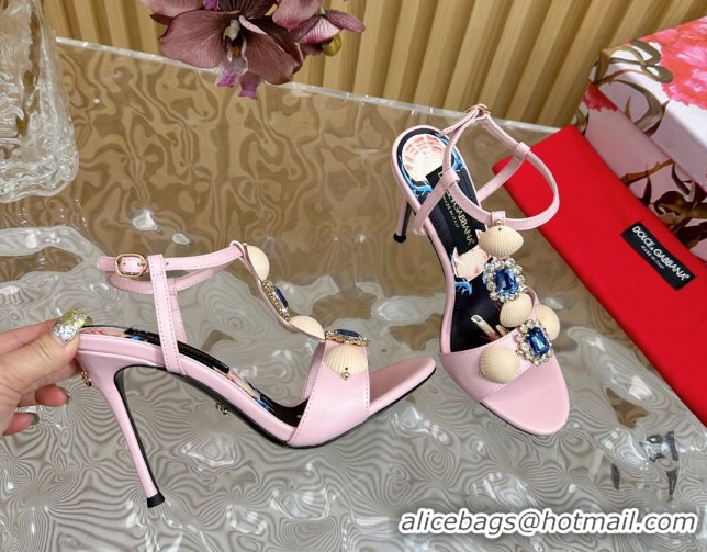Durable Dolce & Gabbana Calfskin Leather Heel Sandals 10.5cm with Stones and Shell Pink 1211071 2026
