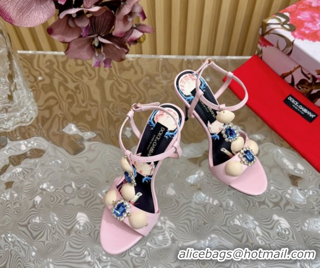 Durable Dolce & Gabbana Calfskin Leather Heel Sandals 10.5cm with Stones and Shell Pink 1211071 2026
