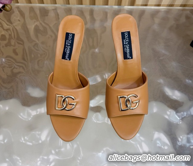 Good Quality Dolce & Gabbana Calfskin Leather Heel Slides Sandal 9cm with DG Logo DG121101 Brown 2026