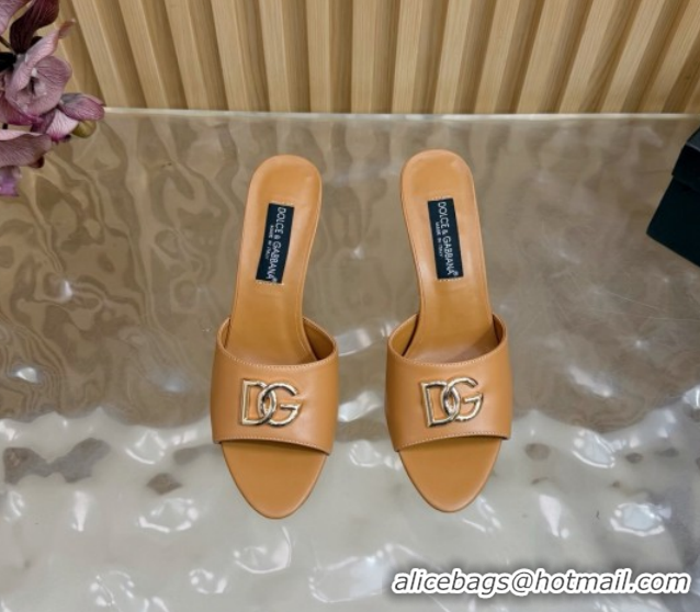 Good Quality Dolce & Gabbana Calfskin Leather Heel Slides Sandal 9cm with DG Logo DG121101 Brown 2026