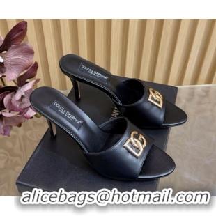 Top Grade Dolce & Gabbana Calfskin Leather Heel Slides Sandal 9cm with DG Logo DG121101 Black 2026