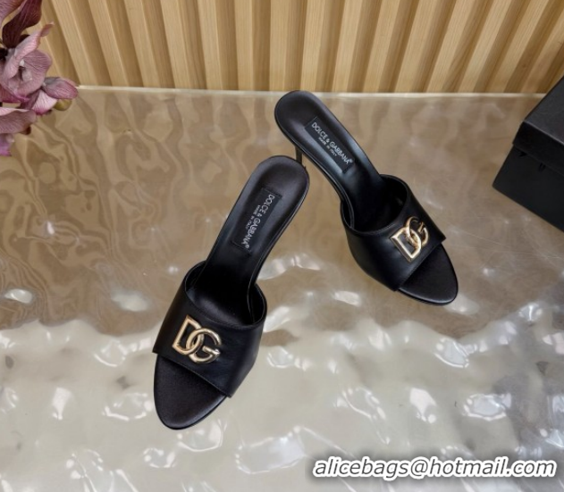 Top Grade Dolce & Gabbana Calfskin Leather Heel Slides Sandal 9cm with DG Logo DG121101 Black 2026
