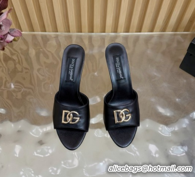 Top Grade Dolce & Gabbana Calfskin Leather Heel Slides Sandal 9cm with DG Logo DG121101 Black 2026