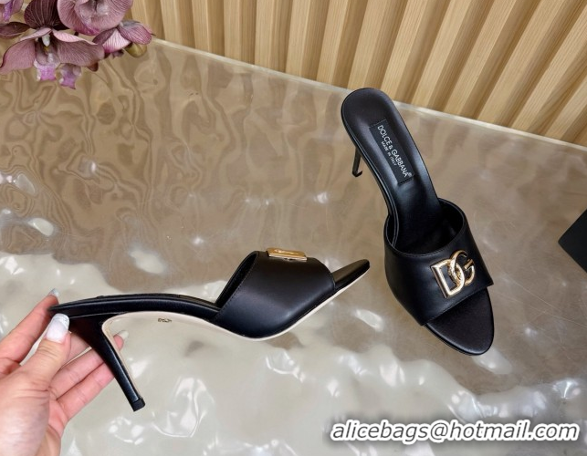 Top Grade Dolce & Gabbana Calfskin Leather Heel Slides Sandal 9cm with DG Logo DG121101 Black 2026