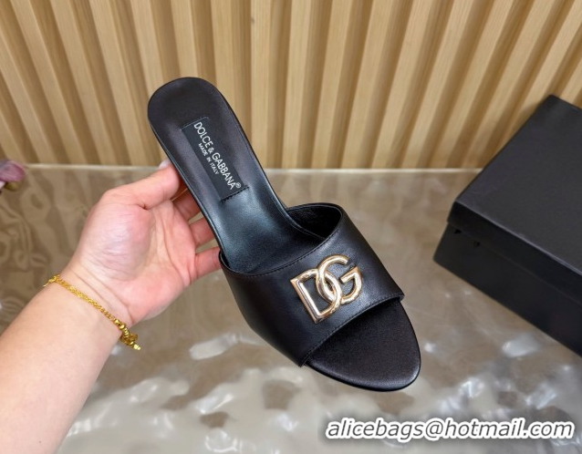 Top Grade Dolce & Gabbana Calfskin Leather Heel Slides Sandal 9cm with DG Logo DG121101 Black 2026