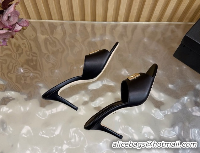 Top Grade Dolce & Gabbana Calfskin Leather Heel Slides Sandal 9cm with DG Logo DG121101 Black 2026