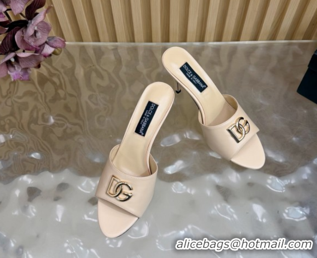 Pretty Style Dolce & Gabbana Calfskin Leather Heel Slides Sandal 9cm with DG Logo DG121101 Nude 2026