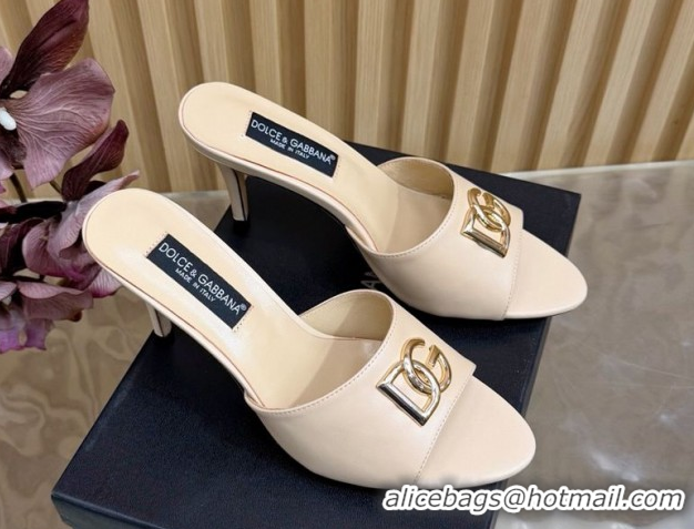 Pretty Style Dolce & Gabbana Calfskin Leather Heel Slides Sandal 9cm with DG Logo DG121101 Nude 2026