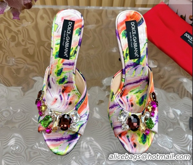 Unique Style Dolce & Gabbana Printed Satin Heel Slides Sandal 10cm with Strass Stones DG121102 Multicolor/Pink 2026