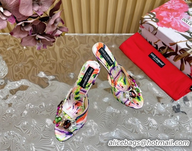 Unique Style Dolce & Gabbana Printed Satin Heel Slides Sandal 10cm with Strass Stones DG121102 Multicolor/Pink 2026