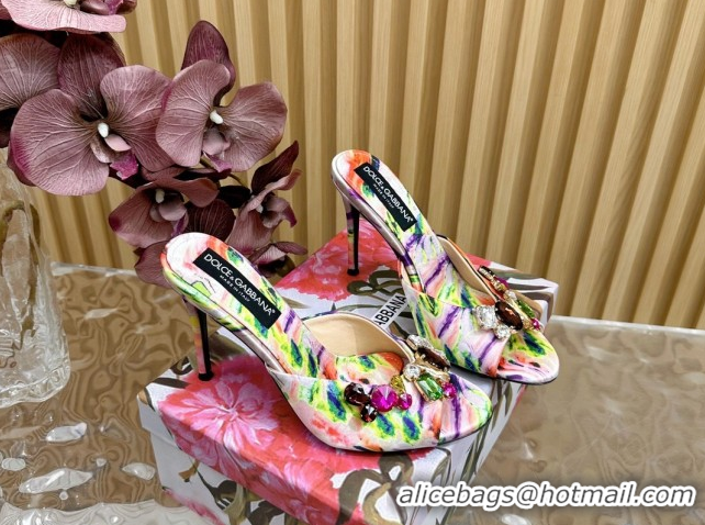 Unique Style Dolce & Gabbana Printed Satin Heel Slides Sandal 10cm with Strass Stones DG121102 Multicolor/Pink 2026