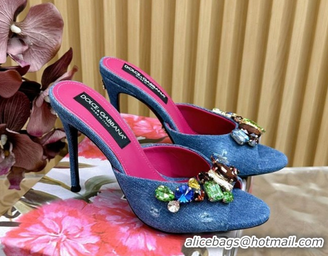 Best Product Dolce & Gabbana Blue Denim Heel Slides Sandal 10cm with Strass Stones DG121102 1211076 2026