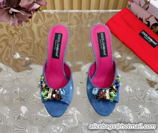 Best Product Dolce & Gabbana Blue Denim Heel Slides Sandal 10cm with Strass Stones DG121102 1211076 2026
