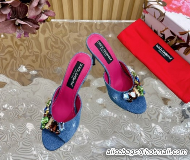 Best Product Dolce & Gabbana Blue Denim Heel Slides Sandal 10cm with Strass Stones DG121102 1211076 2026