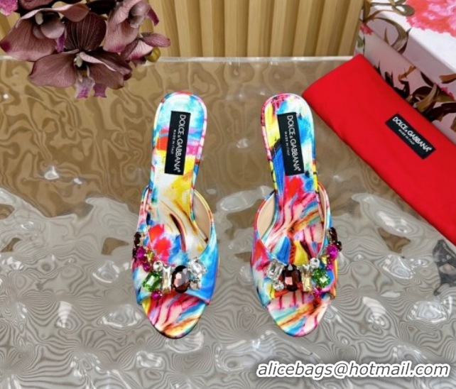 Durable Dolce & Gabbana Printed Satin Heel Slides Sandal 10cm with Strass Stones Multicolor/Blue DG121102 1211077 2026