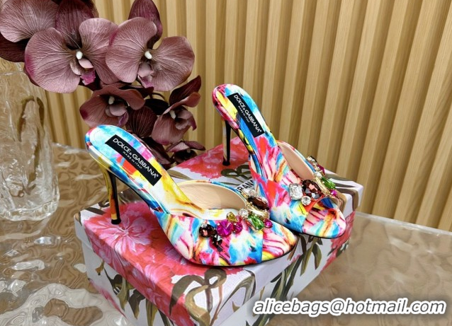 Durable Dolce & Gabbana Printed Satin Heel Slides Sandal 10cm with Strass Stones Multicolor/Blue DG121102 1211077 2026