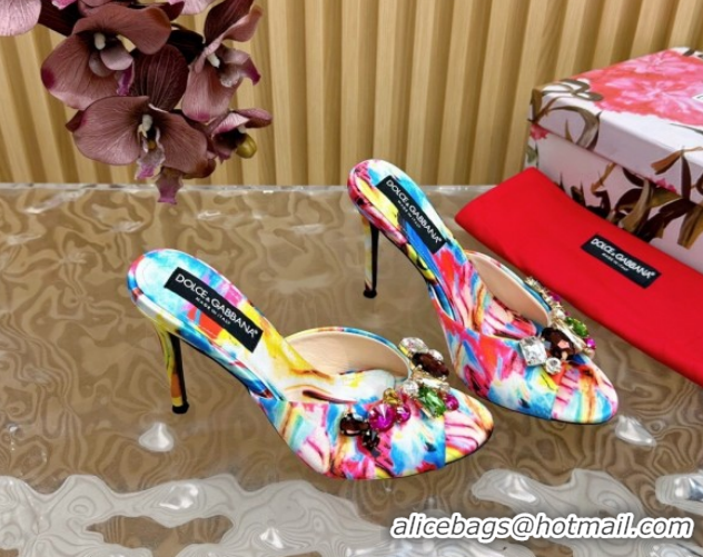 Durable Dolce & Gabbana Printed Satin Heel Slides Sandal 10cm with Strass Stones Multicolor/Blue DG121102 1211077 2026