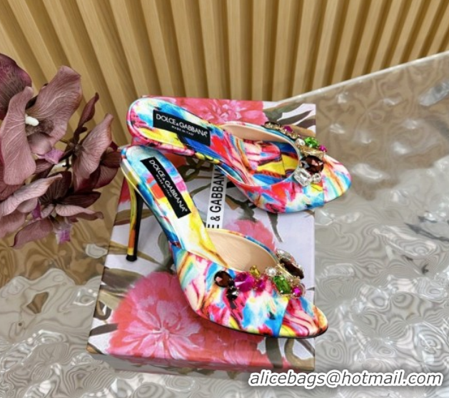 Durable Dolce & Gabbana Printed Satin Heel Slides Sandal 10cm with Strass Stones Multicolor/Blue DG121102 1211077 2026