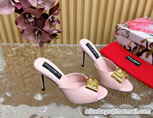 Big Discount Dolce & Gabbana Calfskin Leather Heel Slides Sandal 10cm with DG Logo Light Pink DG121103 2026
