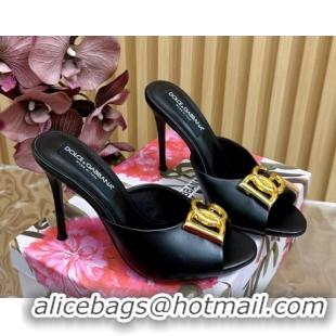 Good Looking Dolce & Gabbana Calfskin Leather Heel Slides Sandal 10cm with DG Logo DG121103 Black 2026