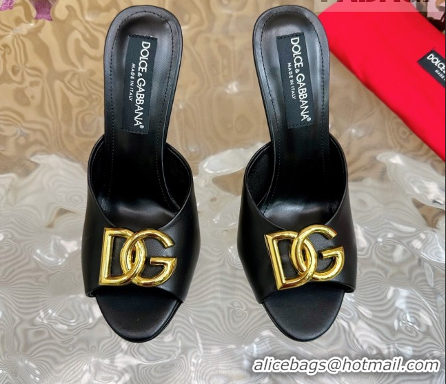 Good Looking Dolce & Gabbana Calfskin Leather Heel Slides Sandal 10cm with DG Logo DG121103 Black 2026