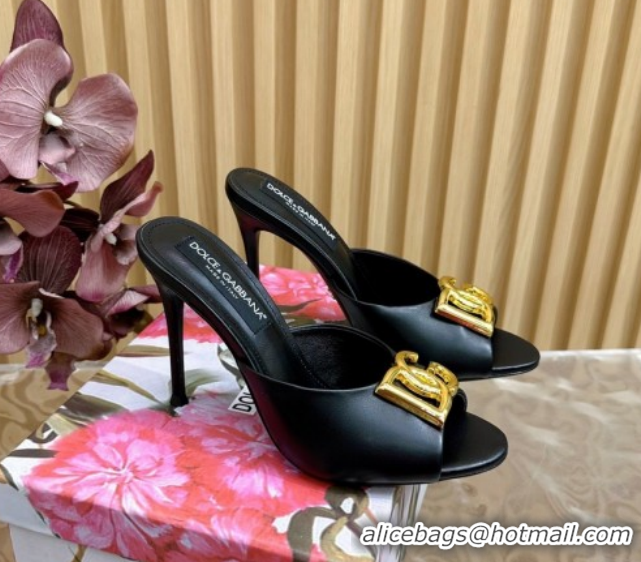 Good Looking Dolce & Gabbana Calfskin Leather Heel Slides Sandal 10cm with DG Logo DG121103 Black 2026