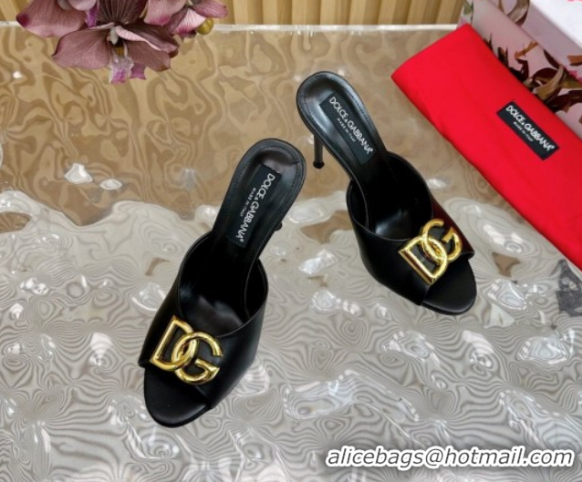 Good Looking Dolce & Gabbana Calfskin Leather Heel Slides Sandal 10cm with DG Logo DG121103 Black 2026