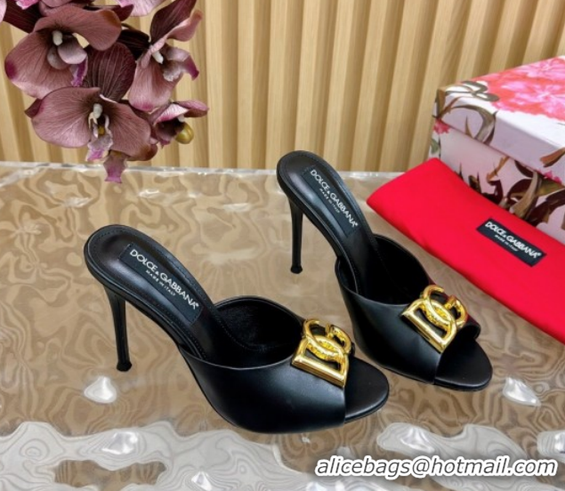 Good Looking Dolce & Gabbana Calfskin Leather Heel Slides Sandal 10cm with DG Logo DG121103 Black 2026