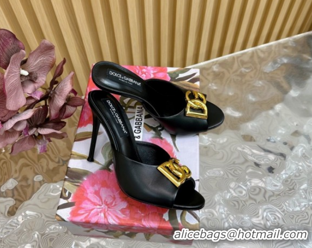 Good Looking Dolce & Gabbana Calfskin Leather Heel Slides Sandal 10cm with DG Logo DG121103 Black 2026